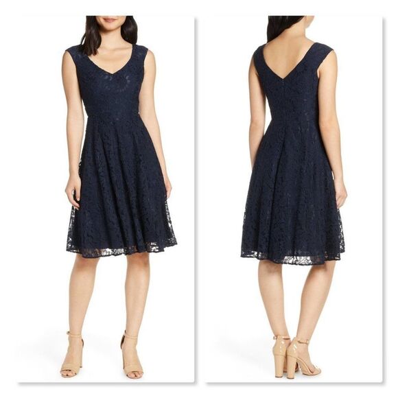 Eliza J Lace Fit & Flare Dress sz 2 in Navy - Picture 1 of 8